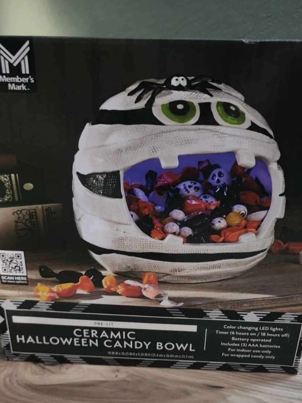 White Mummy Ceramic Halloween Candy Bowl with Color-Changing LED